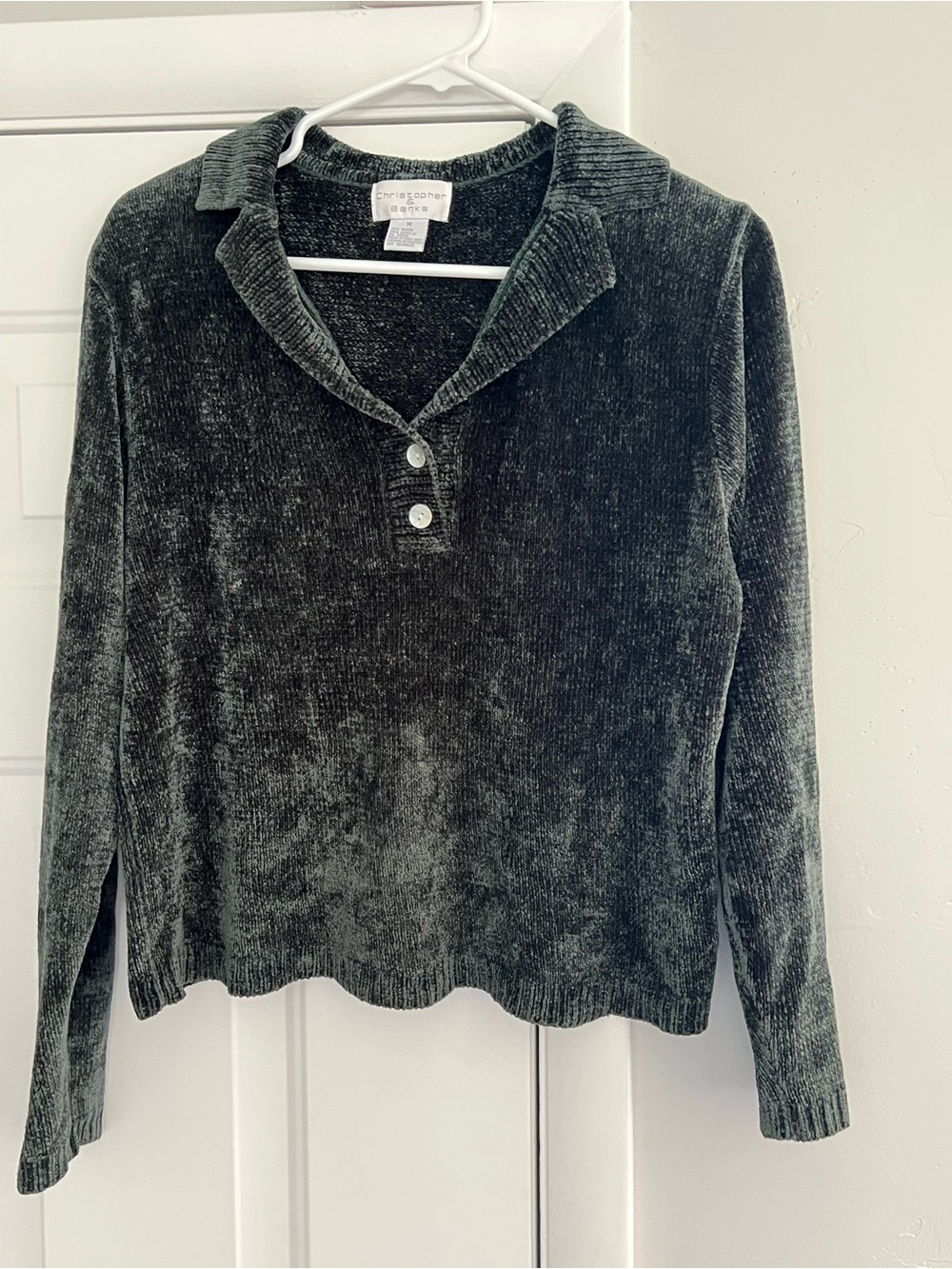 Christopher & Banks Dark Green Chenille V-Neck Polo Sweater